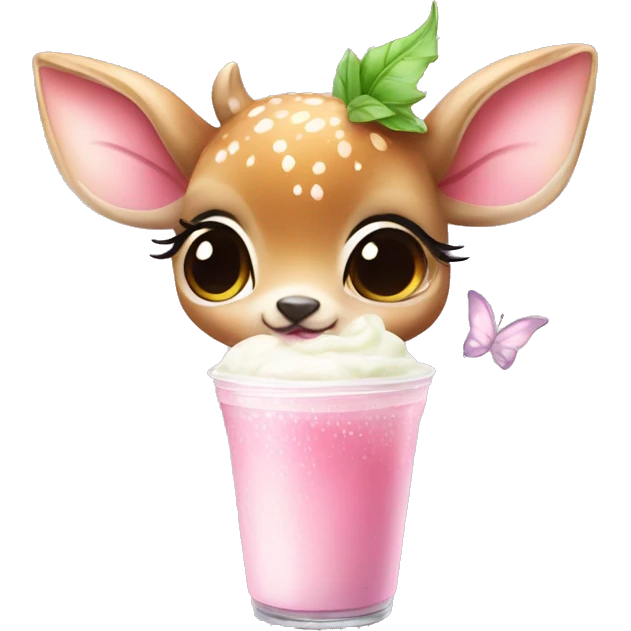 baby deer with fairy wings and a pink bow around its neck drinking iced matcha latte  emoji