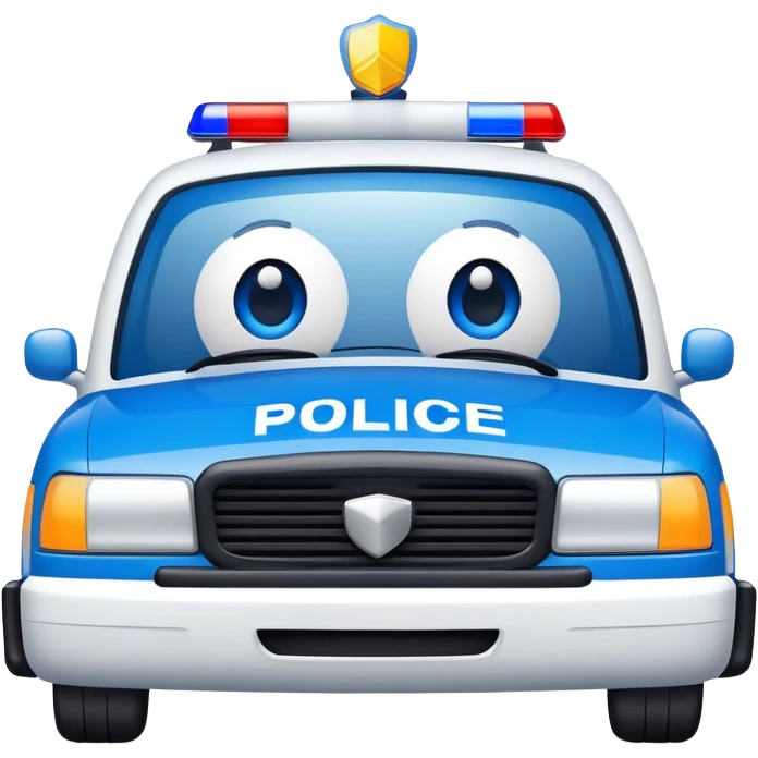 A blue and white police car with a friendly smiling face on the front emoji