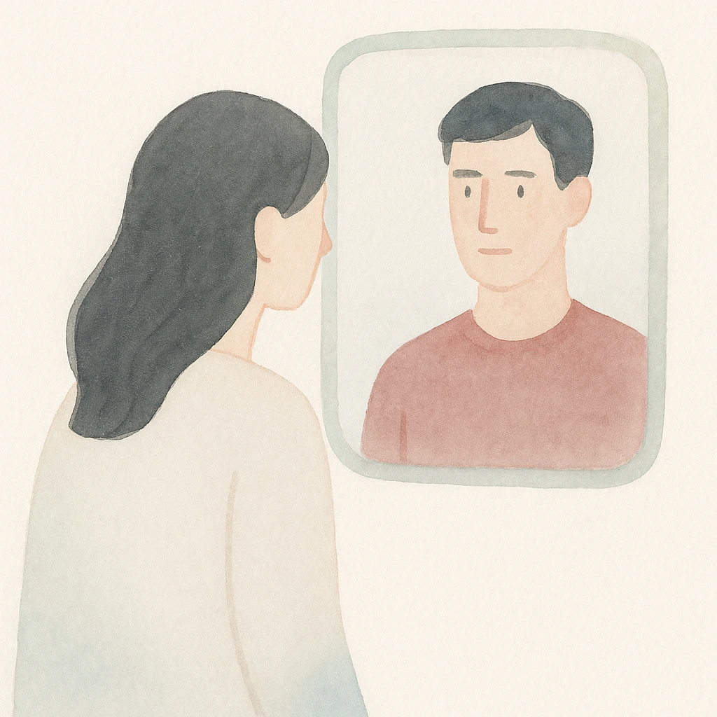 A woman peering into a mirror, with a man appearing on the opposite side, rendered in a creative watercolor illustration style, soft brush strokes, artistic emoji