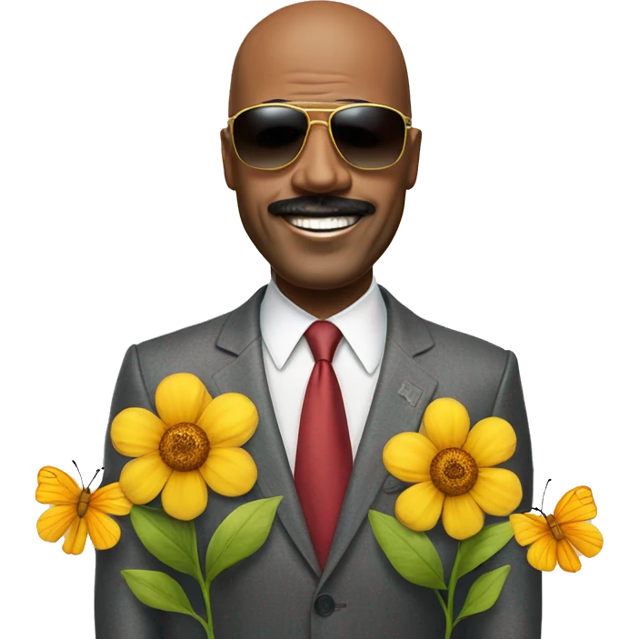 Steve Harvey with a butterfly on his head and sunglasses with a sun and flowers emoji