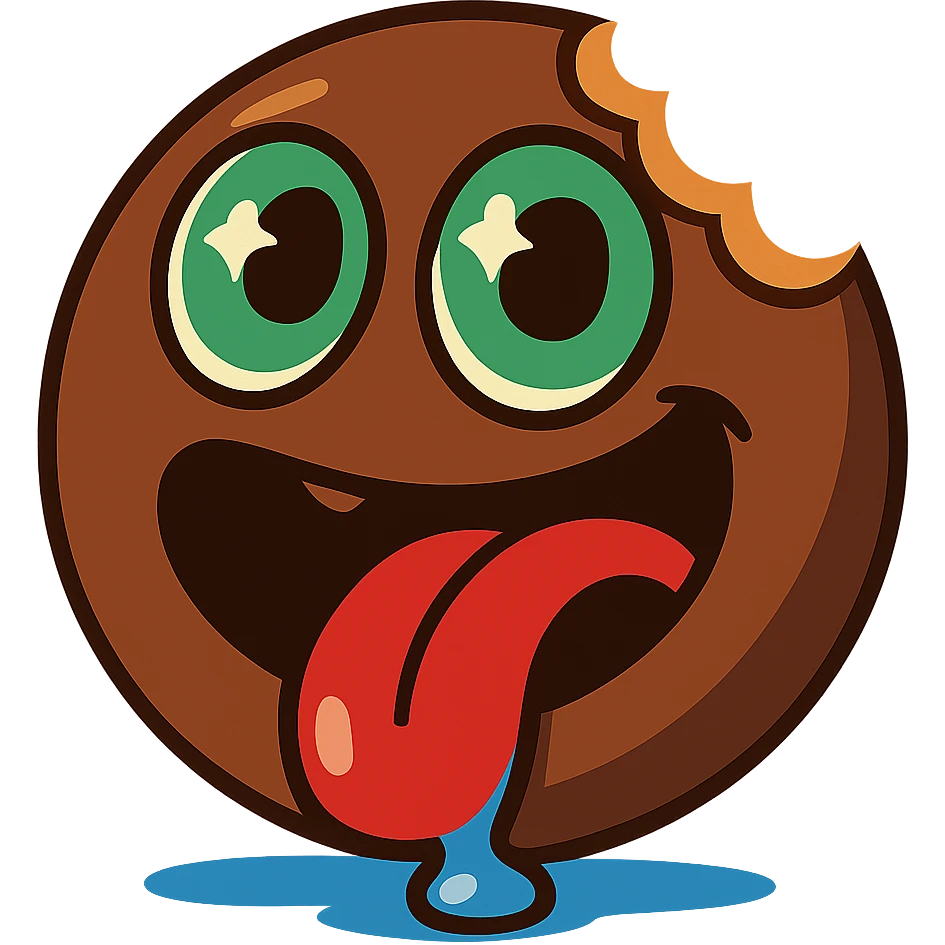 bold fun cartoon emoji mascot, round chocolate brown face, big green eyes with sparkles looking upward, goofy open mouth with a bite out of the side, long red tongue, shiny blue drool dripping and pooling, exaggerated hungry expression, glossy finish, white background emoji