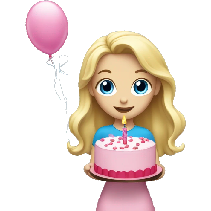 Blonde girl with blue eyes holding a pink birthday cake  emoji