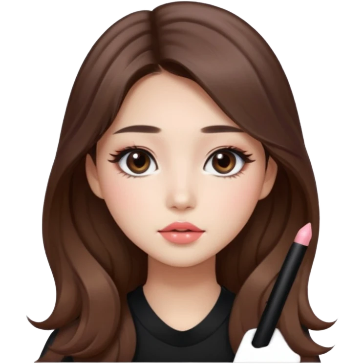 “korean straight brown hair Emoji girl, soft eyeliner and blush, gradient lips, light brown shimmer eyeshadow, long wavy hair,  emoji
