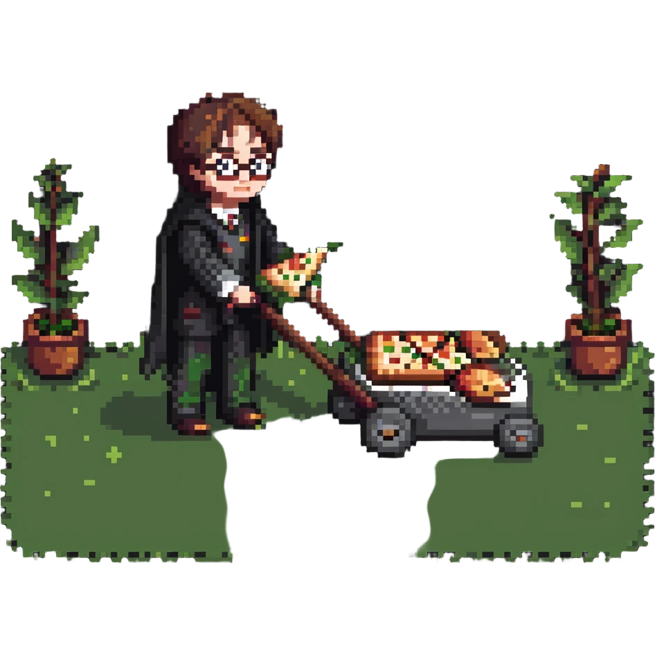 Harry Potter mowing the lawn with pizza emoji