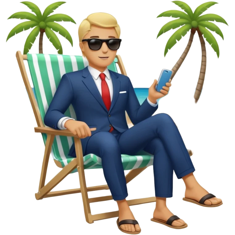 blonde businessman in suit sitting in beach chair on vacation, tropical beach emoji
