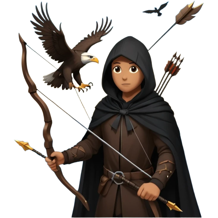hooded man in a tall buliding a silloute shot, bow and arrows in hand. in the sky a big eagle is flying in modern time emoji