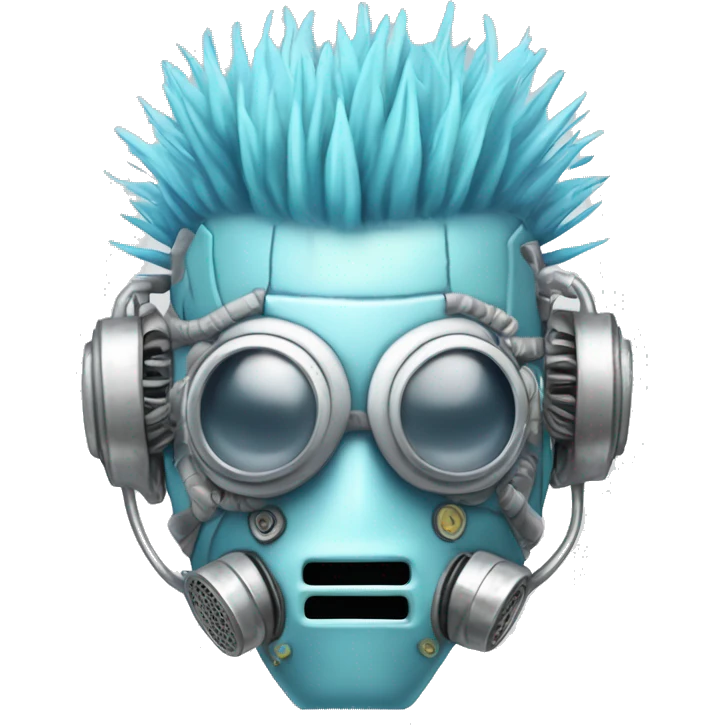 Pastel blue Mohawk cyborg head with silver respirator mask, goatee and circuits emoji