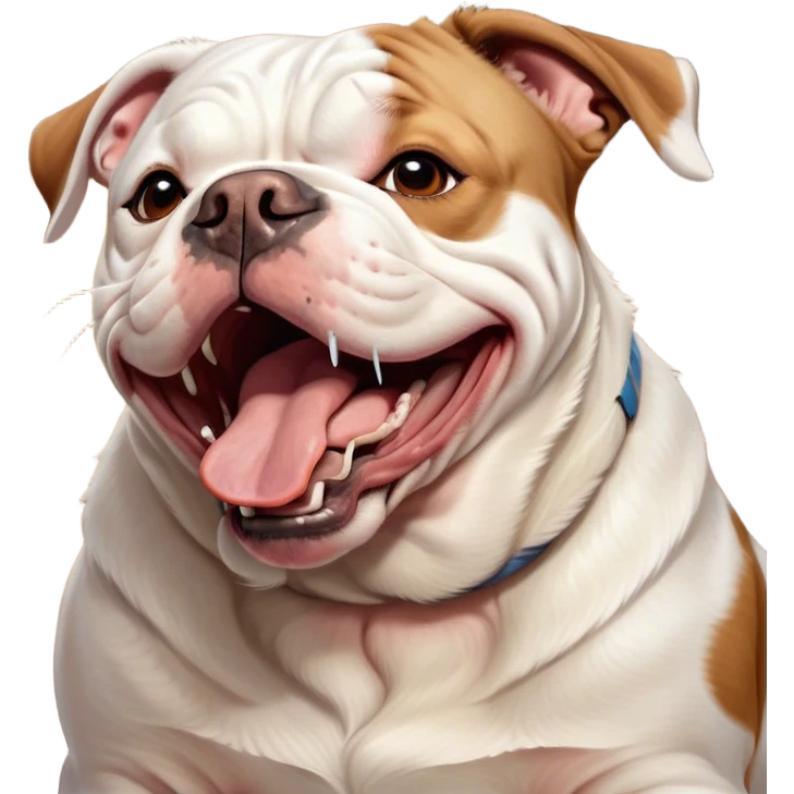 Cinematic Cute Yawning White and Brown American Bulldog Portrait Emoji, Head tilted slightly with a dramatic, wide-open yawn, soft white fur with bold brown patches, floppy ears slightly drooping, round brown eyes barely open in drowsy contentment, Simplified yet irresistibly adorable features, highly detailed, glowing with a soft, cozy glow, high shine, relaxed yet expressive, stylized with a touch of whimsy, bright and endearing, soft glowing outline, capturing the essence of a sleepy yet affectionate pup, so drowsy it feels like it could stretch right out of the screen and curl up for a nap! emoji
