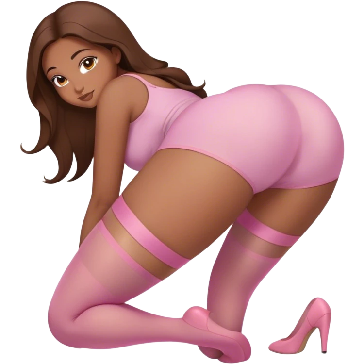 curvy brown long hair and brown eyes, intimate bending over arched back sfw light pink nylon stocking pose emoji