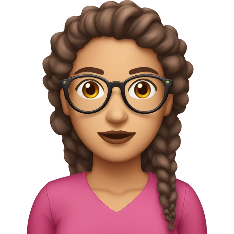 mujer con pelo largo, rizado y castaño, piel blanca con pecas y gafas redondas con montura rosa emoji