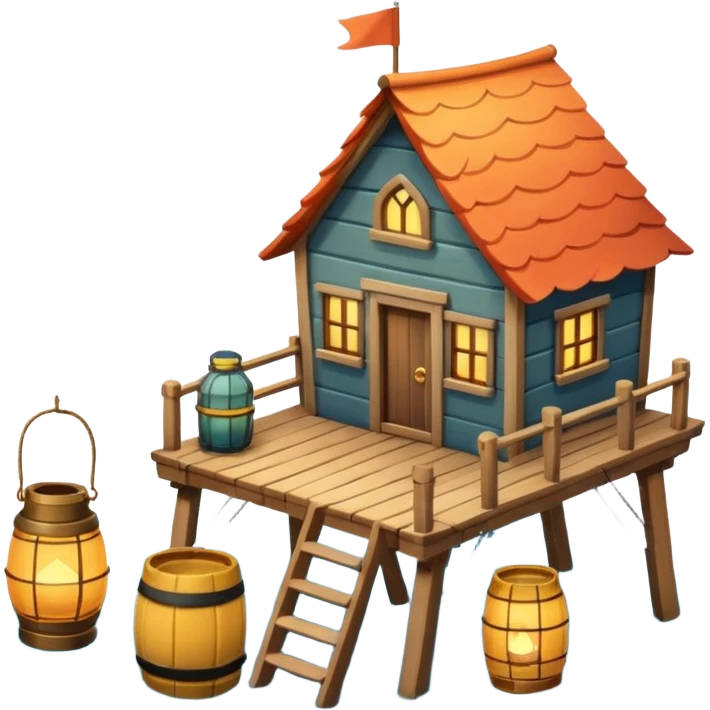 
fisherman house on a wooden pier, small dock, fishing nets hanging, barrels, lantern, ocean vibe, 3D cartoon, cute mobile game icon, clean background, no text
 emoji