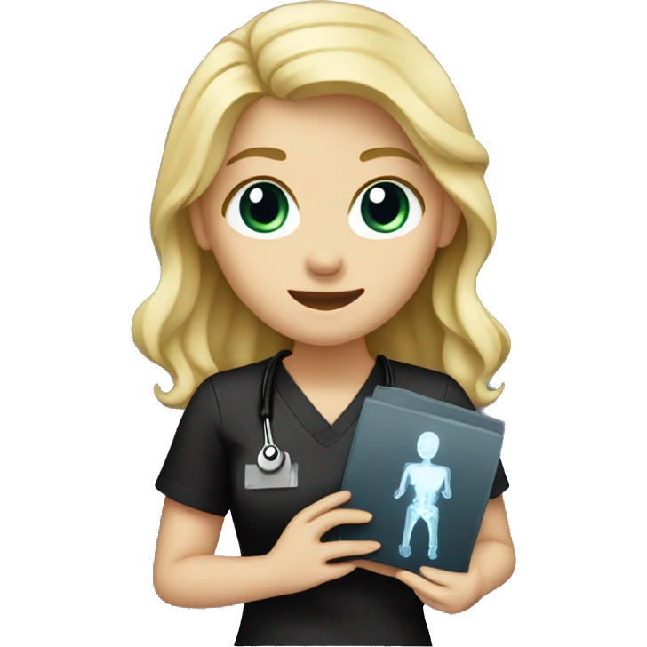 Blonde girl in black scrubs holding up a chest X-ray  emoji
