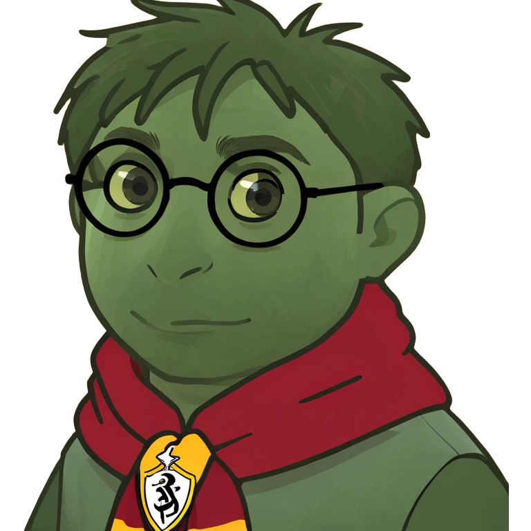Harry Potter memoji with Gryffindor scarf, round glasses, lightning scar, digital cartoon style emoji