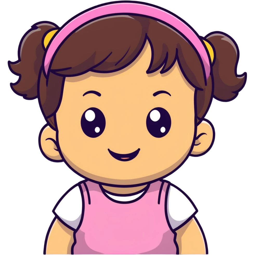 smiling toddler face with big eyes, medium skin tone, dark wavy hair, and a hair band emoji