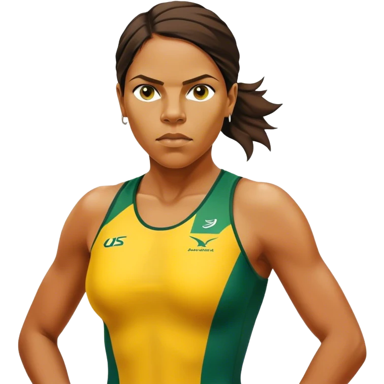 Cinematic Realistic portrait of Cathy Freeman, shown as an iconic Australian sprinter with a focused, determined expression and modern athletic yellow and green attire accented with subtle native motifs, rendered in dynamic, vibrant lighting emoji