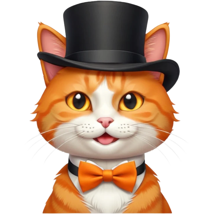 playful orange cat in a top hat and bow tie, winking emoji