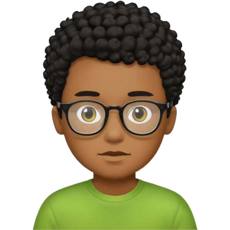 Menino pardo com cabelo curto cacheado preto raspado dos lados, de óculos preto quadrado e blusa verde e amarela emoji