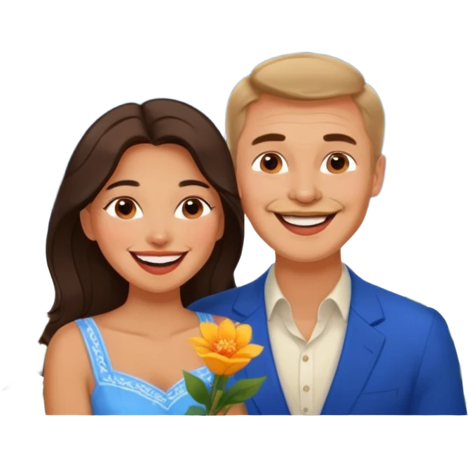 Couple  laughing traveling russian man and elegant  Latina girl delicate flowers and mountains in the background  emoji