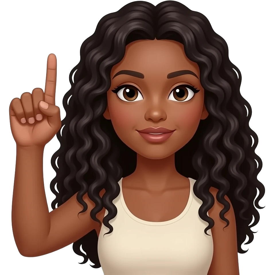 A brown woman with dark long curly hair holding one hand up like it’s gripping a cylinder emoji