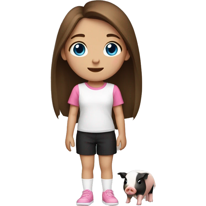 11 year old girlwith blue eyes, straight brown hair, pink shirt, black shorts and white shoes holding  a small black, brown and white gueani pig emoji