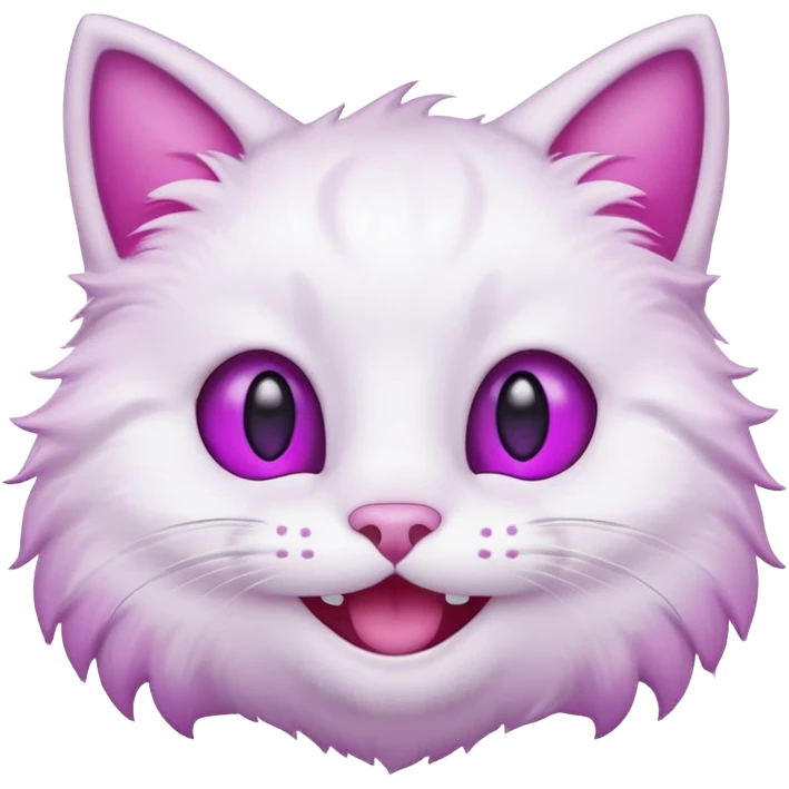 White cat happy smiling with teeth showing, light pink inner ears, magenta purple eyes, looks like discord's :smiley_cat: emoji, male looking emoji