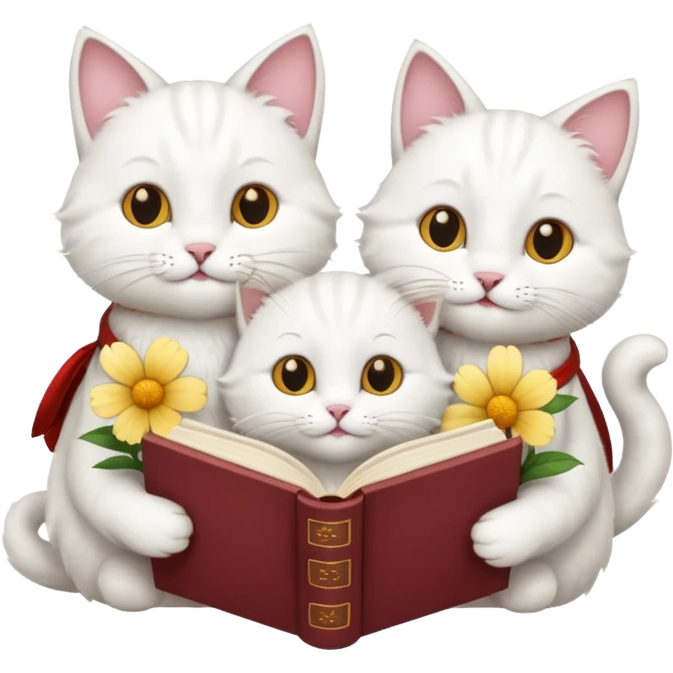  3 white Cats reading book + flower emoji