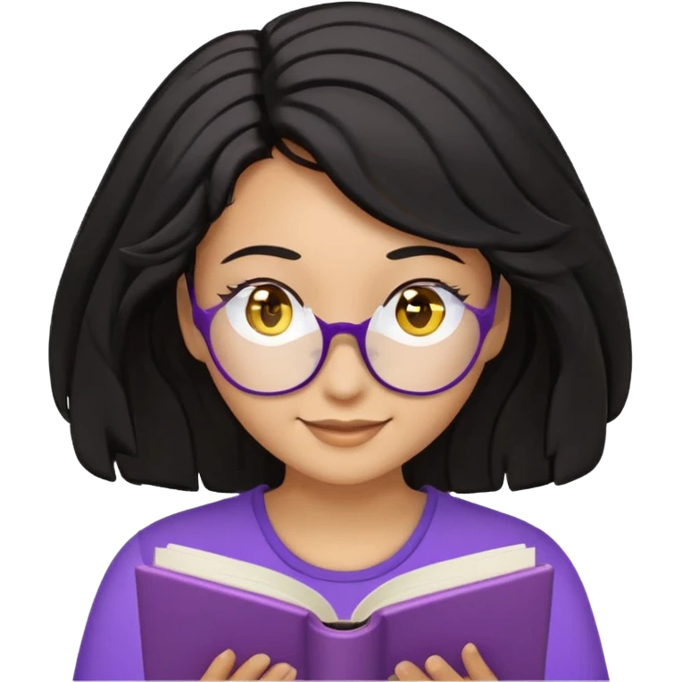 검정머리에 책읽고있는 여자. 해줘. 그리고 그 책으로 얼굴 반은 가린듯한 머리는 약간 파마 앞머리 없고 그리고 너무 무섭게 말고 책 읽는다고 얼굴 반은 가린듯한 책은 흰색에 보라색 노란색 섞여있고. 약간 미소 상의는  흰옷 . 아이폰 이모티콘 형태로 부탁 emoji