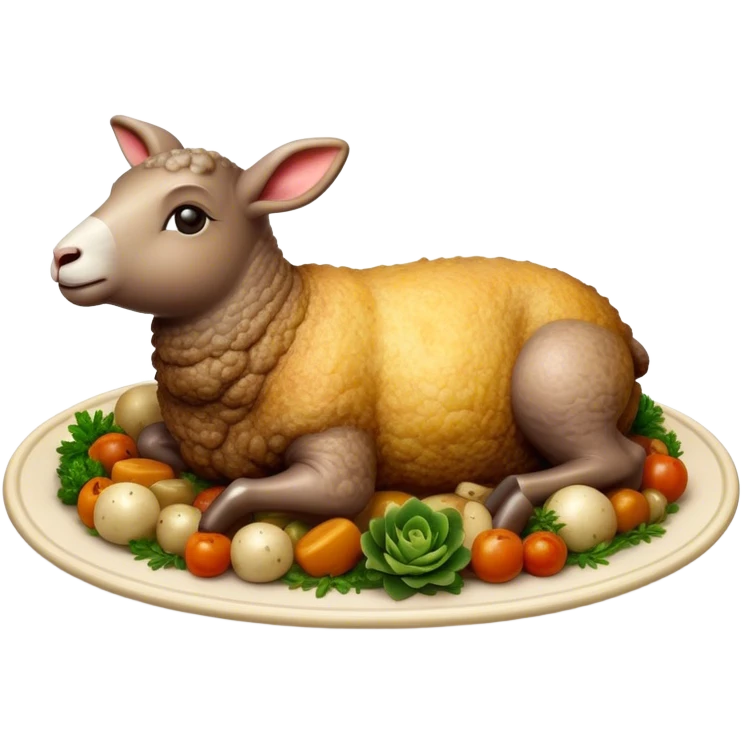 Cinematic Realistic Roast Lamb Dish Emoji, depicted with tender, succulent lamb roasted to perfection and served with seasonal vegetables, rendered with rich textures and inviting warm lighting that captures its traditional heritage. emoji