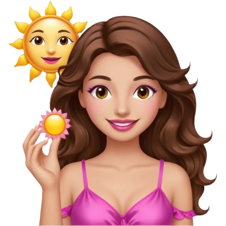 girl with long wavy brown hair, brown eyes, long lashes makeup, sexy pink lips, smiling, light to medium complexion, wearing a pink sexy silk top, holding the sun icon  emoji