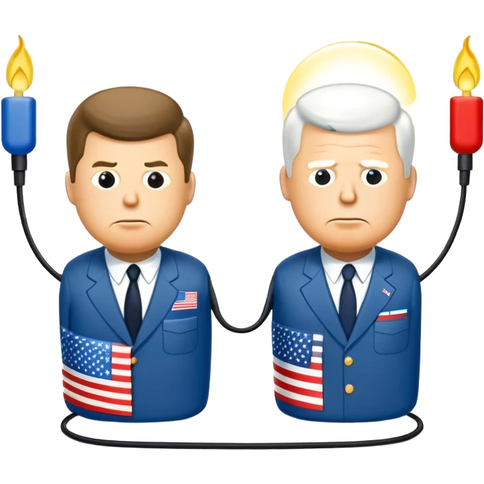 symbolic hot wire connecting Russia and USA with Russian and US flags at each end, glowing wire in the middle, cartoon faces of John F. Kennedy and Nikita Khrushchev on each side, tense Cold War atmosphere emoji
