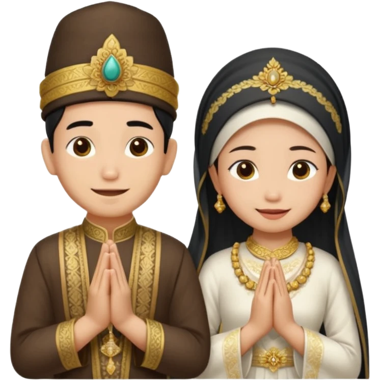 javanese person with shy smile (male) with blangkon hat and prayer hand, and also a javanese bride with sanggul and a shy smile emoji