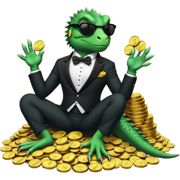 capitalist iguana banker in tuxedo and black sunglasses lying comfortly on coins emoji