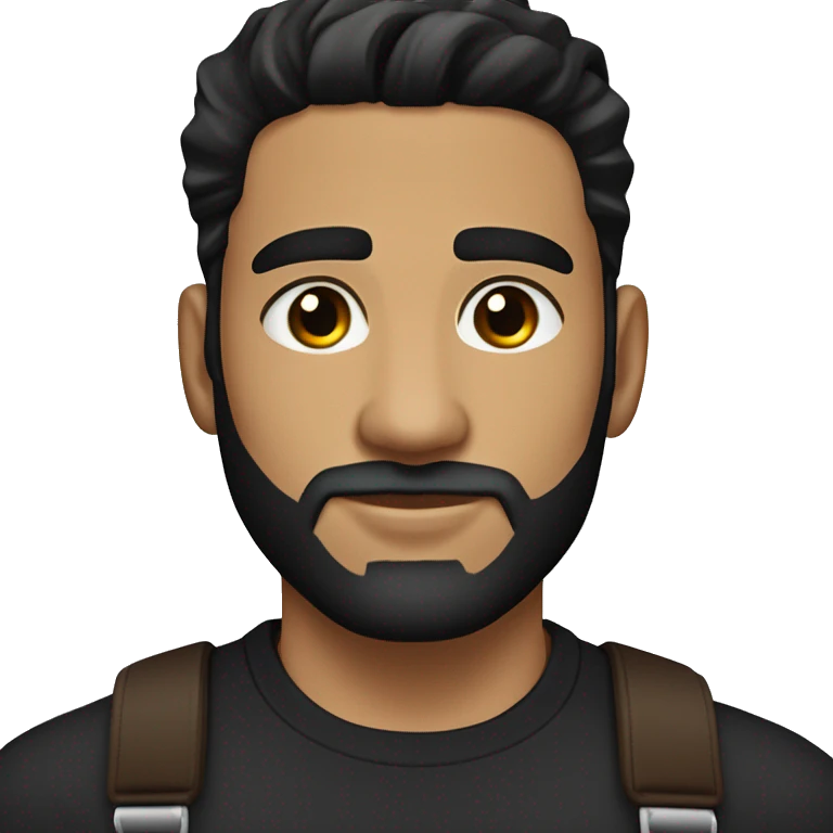 25 year old Hispanic man with a beard and thick eyebrows light skin, black shirt and side fades and a comb over with very dark brown eyes, no mustache emoji