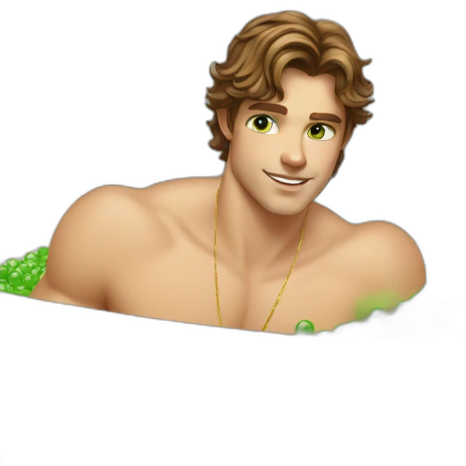 Posh-muscle-boy-brown-hair-green-eyes-pearl-necklace-in-golden-bathtub emoji