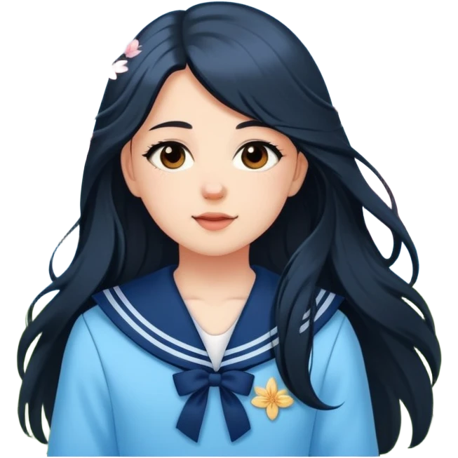  A white girl with a Black long hair, and a baby blue sailor suit, enjoying the spring breeze，Wearing cherry blossoms on your hair emoji