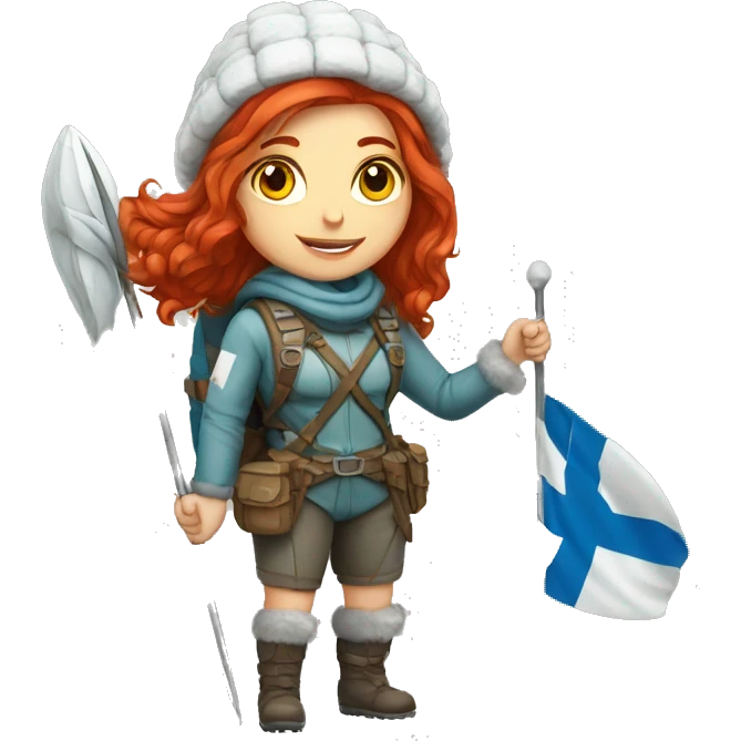 female winter mountaineer red hair holding greek flag and easter egg emoji