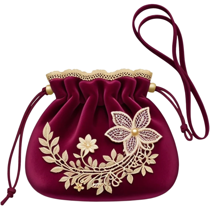 velvet pouch with lace and sparkling dust emoji
