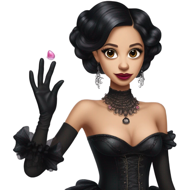 provocatively flirty Lavish black evening gown with see-through gloves, Jenna Ortega as Addams woman prom queen wearing a steampunk mini tiara, very large blood  pink evil-looking horned old dragon purse emoji
