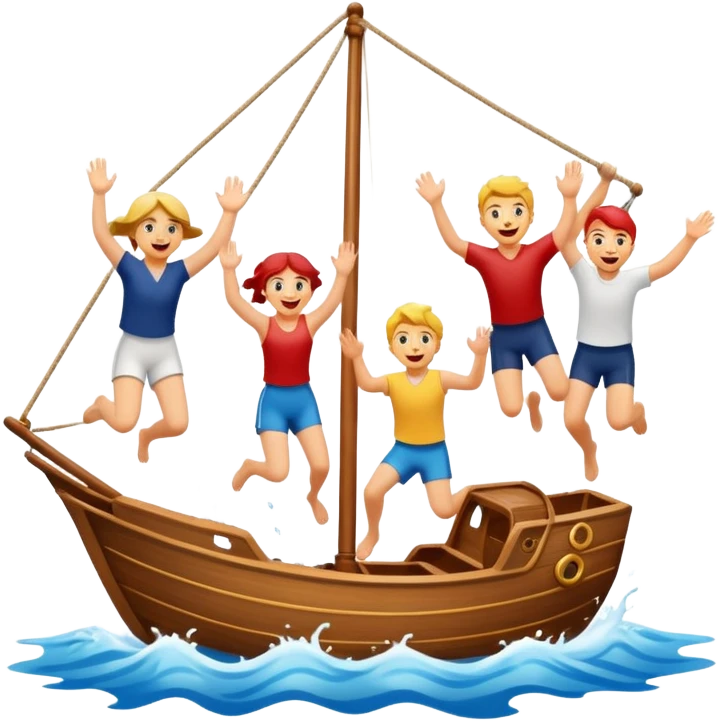 group of people jumping off a sailing ship into the ocean emoji