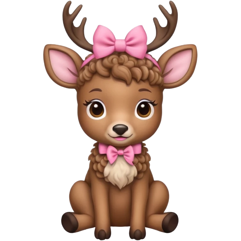 cute deer with curly fur, sitting down, wearing a bow on its head. emoji