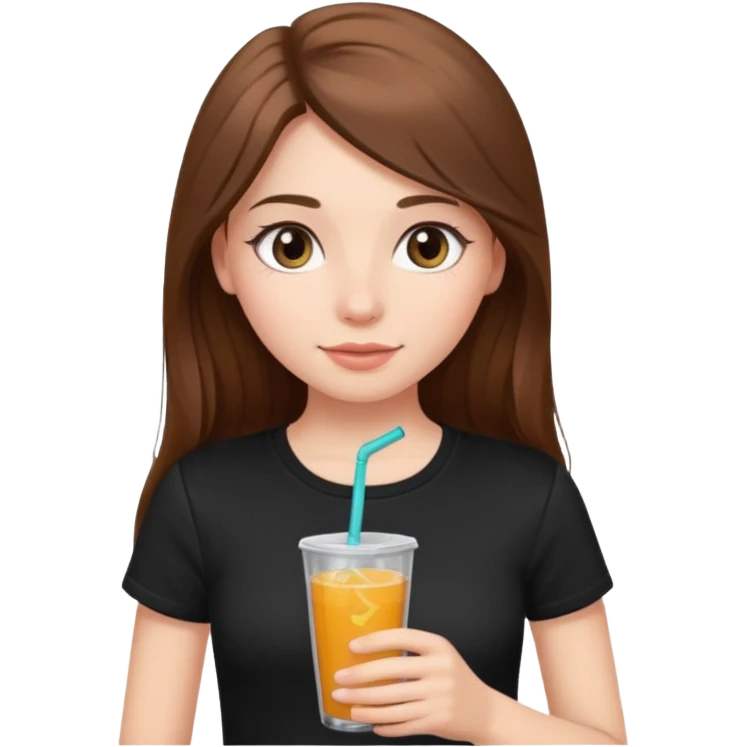 girl with long brown hair, rosey cheeks, long eyelashes dressed with a black thight tshirt and a drink in her hand emoji