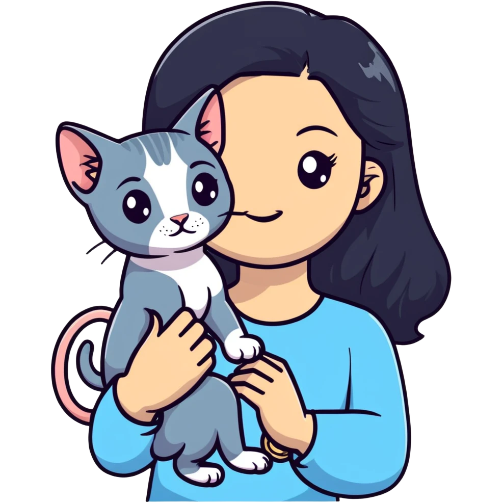 beautiful girl with long black hair holding a hairless sphinx cat emoji
