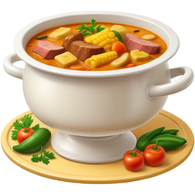 Cinematic Realistic Sancocho Soup Dish Emoji, featuring a rich, hearty stew with diverse meats and vegetables rendered with lifelike detail and warm, comforting lighting. emoji