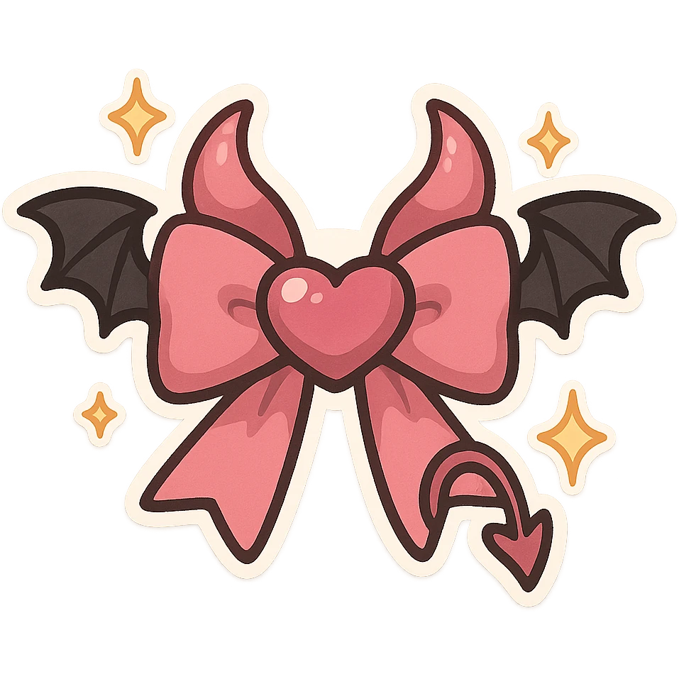 devil bow, chibi style, pink and black, tiny horns, heart-shaped center, cute but mischievous, bat wings, sparkles emoji