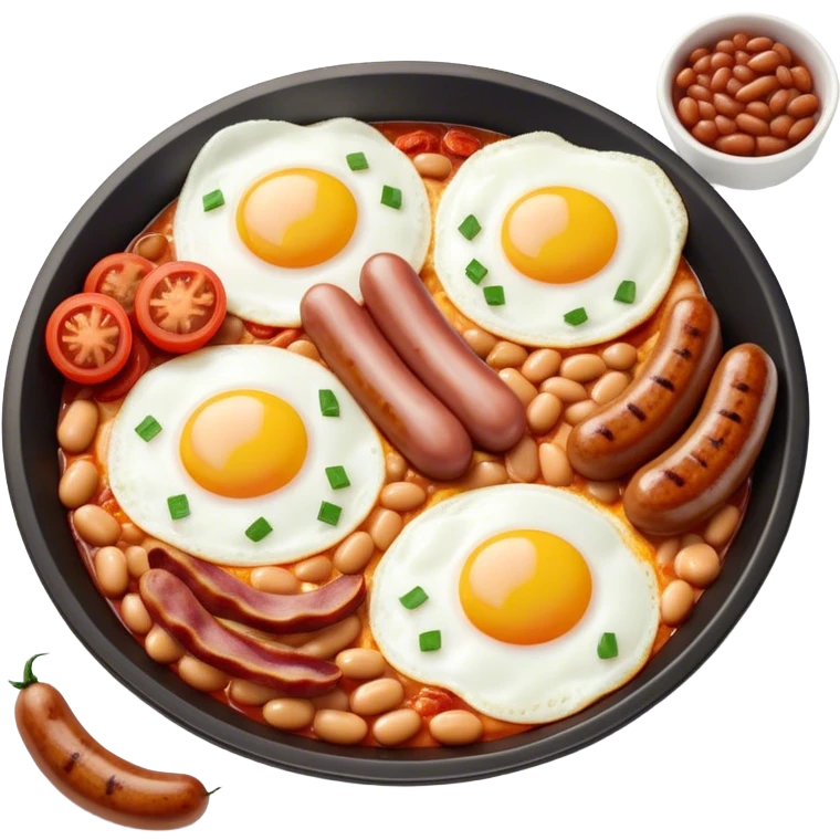 Cinematic Realistic English Breakfast Dish Emoji, showcasing a hearty ensemble of eggs, bacon, sausages, baked beans, and grilled tomatoes rendered with lifelike texture and vibrant, appetizing detail that exudes comforting tradition. emoji