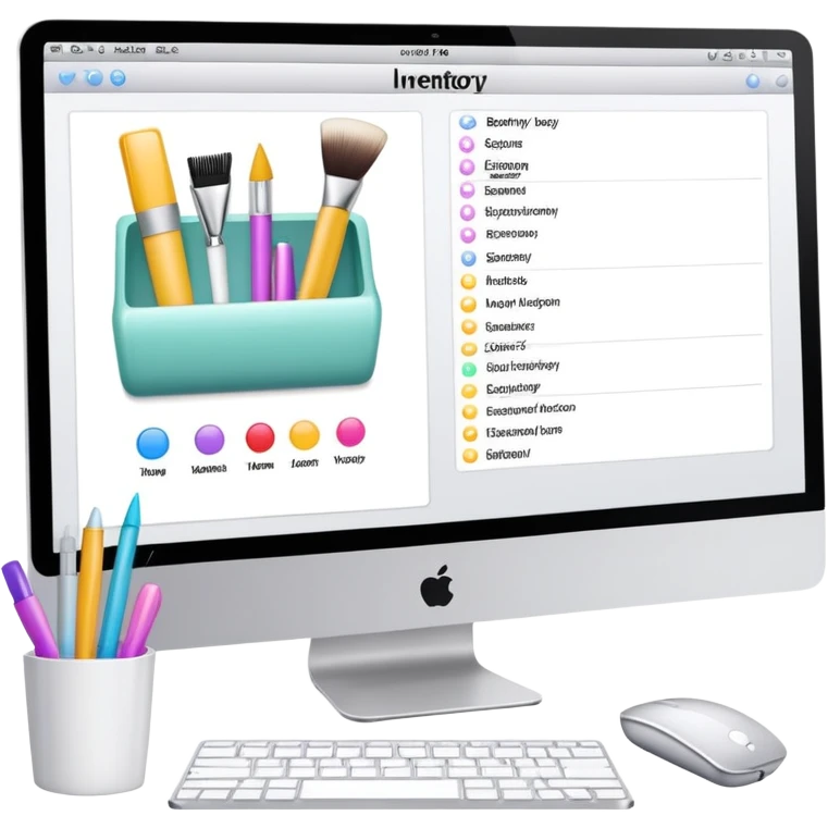 iMac showing beauty salon inventory software with notebook and pen next to it emoji