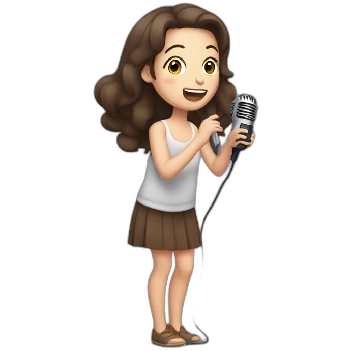 Caucasian girl with dark long Brown hair performing with a michophone singing emoji