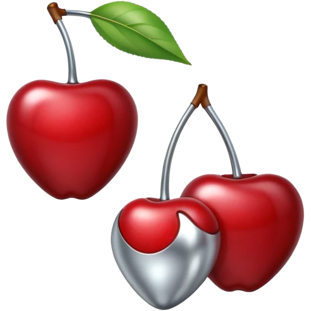 A pair of cherries emoji made of polished silver chrome, smooth rounded shapes, glossy metallic finish, soft highlights and reflections, cute proportions, iOS emoji style, centered, clean white background, no text emoji