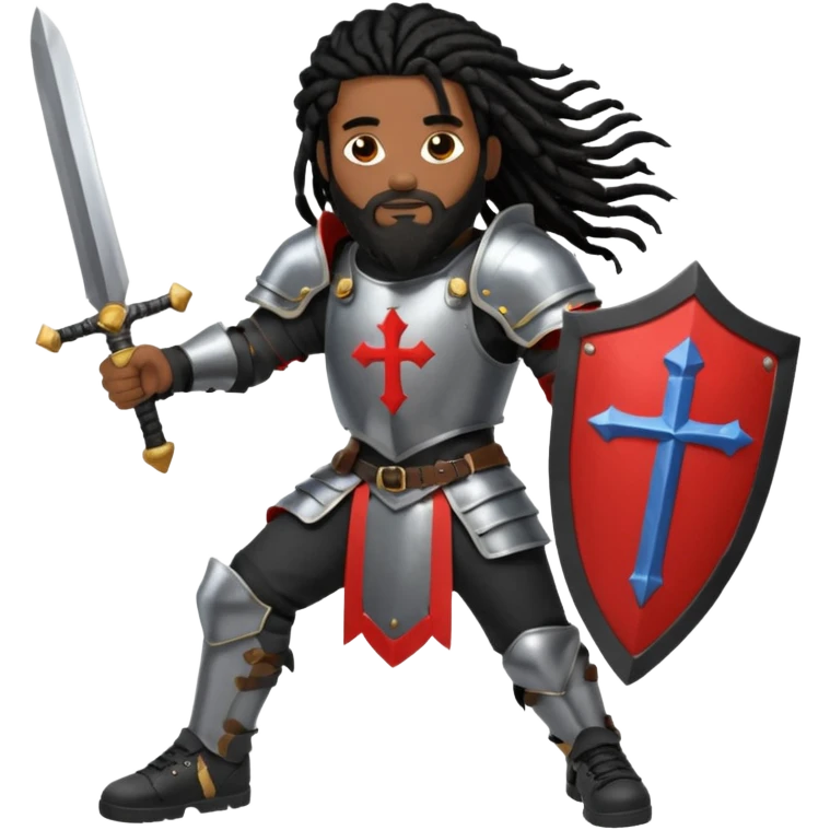 African American man with shoulder length black dreadlocks with black beard wearing knight body armor holding a double edge sword and a shield with a cross on it wearing black low top Air Force 1 sneakers emoji