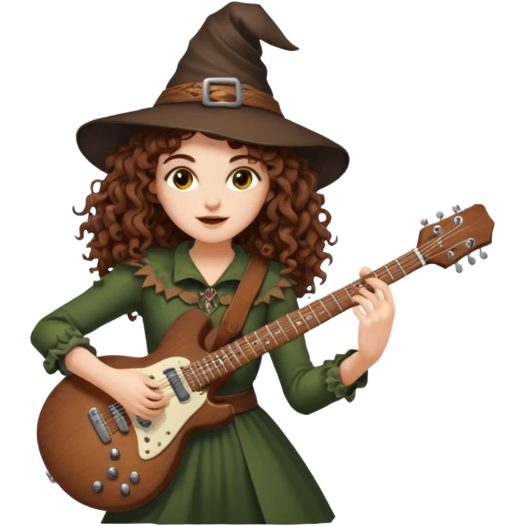 Brown eyes, brown hair curly forest witch playing electric guitar emoji